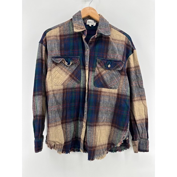 BKE Tops - BKE Flannel Boyfriend Shirt Womens Small Blue Beige Plaid Raw Hem Button Up